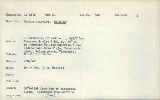 Documentation associated with Hearst Museum object titled Shell, accession number 16-2875, described as Marine univalve . Ranella ?