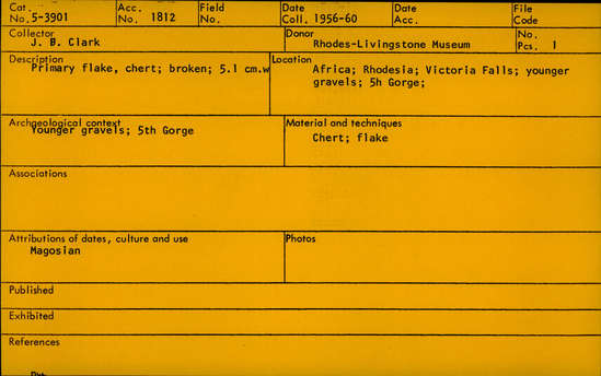 Documentation associated with Hearst Museum object titled Flake, accession number 5-3901, described as Primary flake; chert; broken