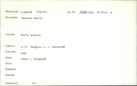 Documentation associated with Hearst Museum object titled Univalve shells, accession number 1-154178, described as Univalve shells