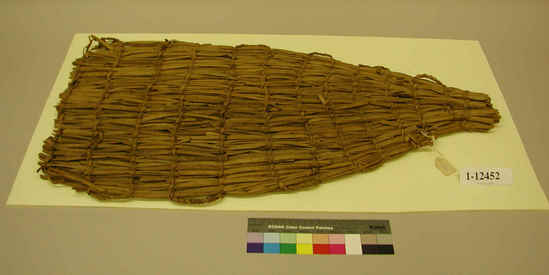 Hearst Museum object titled Food tray, accession number 1-12452, described as Food tray (shaplash); twined. Warp is split Tule and weft is unsplit Tule (Schoenoplectus acutus).