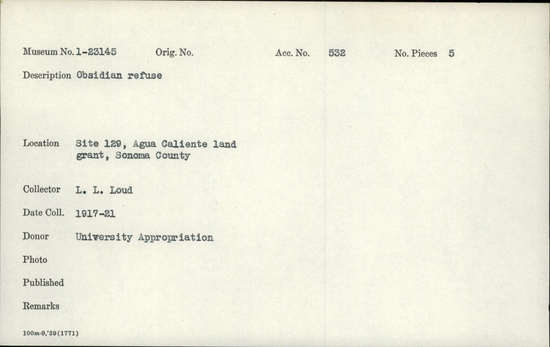 Documentation associated with Hearst Museum object titled Flake, accession number 1-23145, described as obsidian refuse