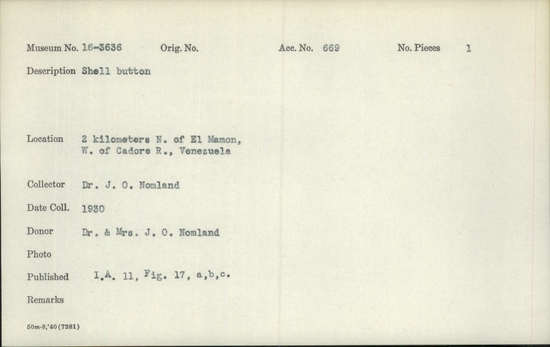 Documentation associated with Hearst Museum object titled Clay button, accession number 16-3636, described as Shell button