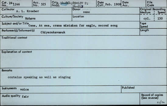 Documentation associated with Hearst Museum object titled Audio recording, accession number 24-1246, described as Ahta ("Cane") Song, At Sea Crane Mistaken for Eagle, 2nd Song