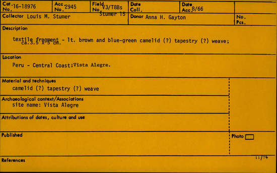 Documentation associated with Hearst Museum object titled Textile fragment, accession number 16-18976, no description available.