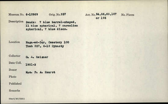 Documentation associated with Hearst Museum object titled Beads, accession number 6-12969, described as Beads: 7 blue barrel-shaped; 11 blue spherical; 7 carnelian spherical; 7 blue discs. [inv.: barrel and ball beads; spiral decorated faience barrel beads; plain faience barrel beads; faience ball beads; amethyst, garnet and carnelian ball beads]