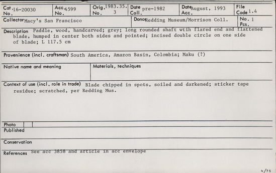 Documentation associated with Hearst Museum object titled Paddle, accession number 16-20030, no description available.