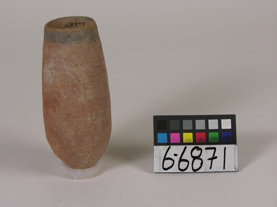 Hearst Museum object titled Beer cup, accession number 6-6871, described as Pottery: deep pointed-bottomed red cup, black rim; least diameter 4.5 cm, greatest diameter 7 cm, height 16 cm.