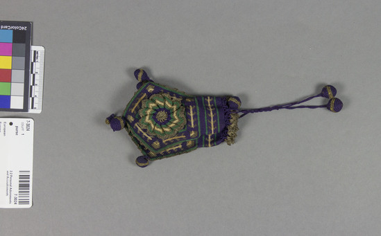 Hearst Museum object titled Pouch, accession number 7-3024, described as pouch 4 floral designed sides 4 x 2 1/2