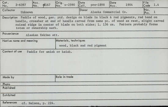 Documentation associated with Hearst Museum object titled Paddle, accession number 2-6397, described as Paddle of wood, geometric painted design in black and red pigments, red band on handle, crossbar at end of handle carved from same piece of wood as rest, slight carved raised ridge in center of blade on both sides.  Pattern probably forms totem or ownership mark.