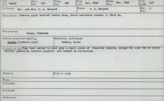 Documentation associated with Hearst Museum object titled Pipe, accession number 9-357, described as Tobacco pipe; mottled bamboo stem, brass bowl-stem socket. Tiny bowl served to hold only a small pinch of fine-cut tobacco, enough for only two or three whiffs; generally several pipefuls are smoked in succession.
