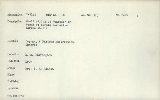 Documentation associated with Hearst Museum object titled Beads, accession number 2-9145, described as Small string of "wampum" or beads of purple and white marine shells.
