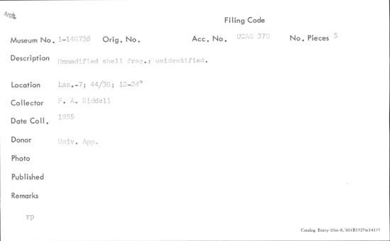 Documentation associated with Hearst Museum object titled Shell, accession number 1-148736, described as Unmodified, unidentified.