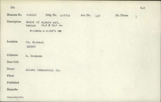 Documentation associated with Hearst Museum object titled Mat, accession number 2-6510, described as Model of square mat, twined.