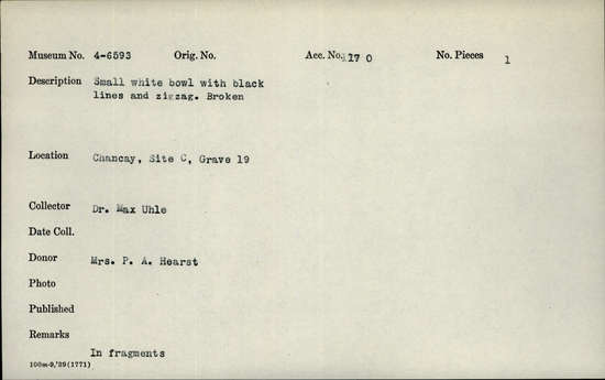 Documentation associated with Hearst Museum object titled Broken bowl, accession number 4-6593, no description available.