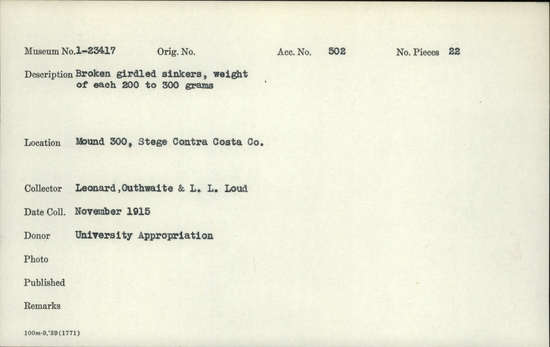 Documentation associated with Hearst Museum object titled Sinkers, accession number 1-23417, described as Broken, girdled