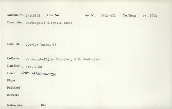 Documentation associated with Hearst Museum object titled Beads, accession number 1-145895, described as Olivella beads, rectangular. Notice: Image restricted due to its potentially sensitive nature. Contact Museum to request access.
