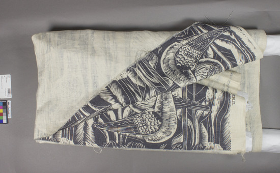 Hearst Museum object titled Textile sample, accession number 7-6854, described as Yardage. Linen. Plain weave, printed. White ground, gray designs. 52 by 82 inches. Leaf, bird, flower motives; designed by Tyra Lundgren, “Strelitzear och dervor” The Nordiska Kompaniet