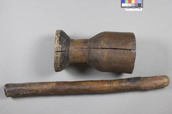 Hearst Museum object titled Wooden mortar and pestle, accession number 5-1670a,b, described as wooden mortar