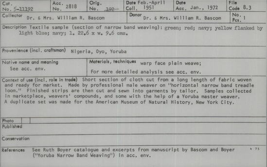 Documentation associated with Hearst Museum object titled Textile sample, accession number 5-11192, described as textile sample (section of narrow band weaving):  green; red; navy; yellow flanked by light blue; navy;  l. 22.6 x w. 9.6 cms.