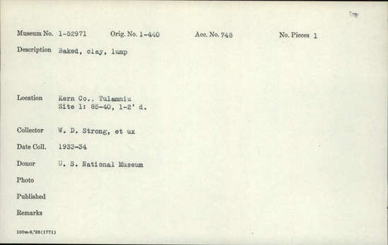 Documentation associated with Hearst Museum object titled Baked clay, accession number 1-52971, described as Baked clay, lump