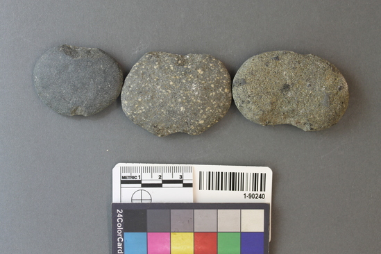 Hearst Museum object titled Sinkers, accession number 1-90240, described as Notched, pebble, below historic level