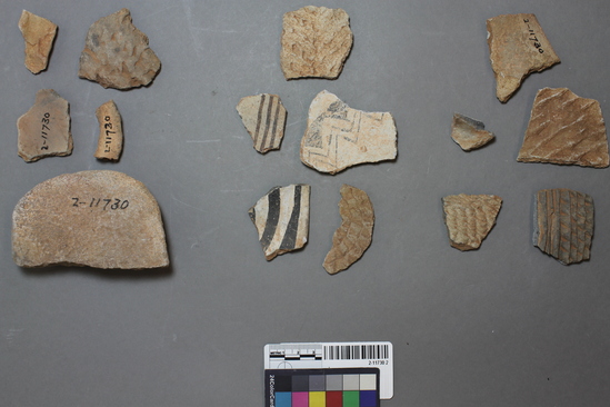 Hearst Museum object titled Potsherd, flake, wood and metate, accession number 2-11730.2, described as potsherd, flake, fossilized wood and metate fragment