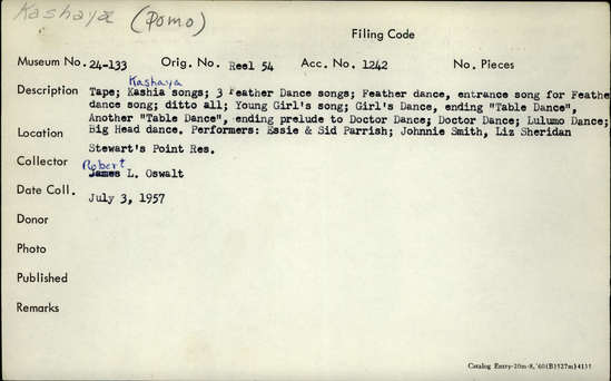 Documentation associated with Hearst Museum object titled Audio track, accession number 24-133.A.1, described as Tape. Kashaya songs: 3 Feather Dance songs, Feather dance, entrance song for Feather dance song, ditto all, Young Girl’s song, Girl’s Dance, ending “Table Dance”, another “Table Dance”, ending prelude to Doctor Dance, Doctor Dance, Lulumo Dance, Big Head dance. Performed by Essie and Sid Parrish, Johnnie Smith, Liz Sheridan.