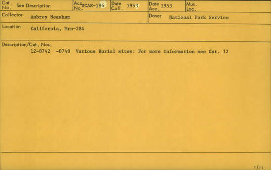 Documentation associated with Hearst Museum object titled Human remains, accession number 12-8742, described as Remains of one middle adult (35 year old) male.