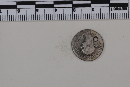 Hearst Museum object 8 of 8 titled Coin: æ denarius, accession number 8-5926, described as Coin: Denarius; (AR?) Æ; Titus - 2.64 grams. Rome, 80 AD. Obverse:  CAESAR DIVI F DOMITIANVS COS VII (line over VII) - Domitian head laureate, facing right. Reverse: PRINCEPS IVVENTVTIS - lighted altar.