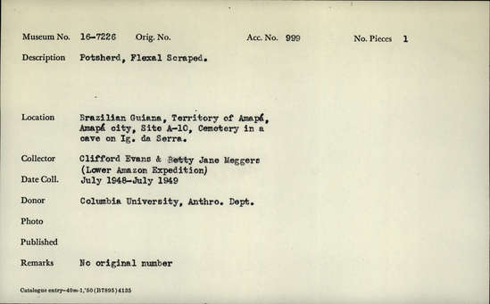 Documentation associated with Hearst Museum object titled Potsherds, accession number 16-7226, described as Potsherds, Flexal scraped