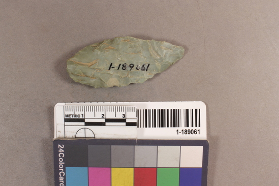 Hearst Museum object titled Projectile point, accession number 1-189061, described as chert projectile point; unnotched and unstemmed; laurel leaf shaped; l. 5.9cm