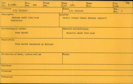 Documentation associated with Hearst Museum object titled Fishhook, accession number L-12883, described as Abalone shell