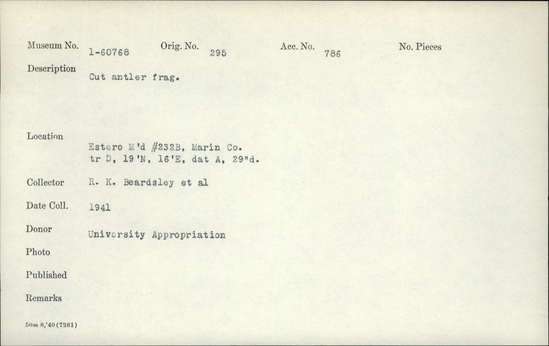 Documentation associated with Hearst Museum object titled Worked antler, accession number 1-60768, described as Cut. Notice: Image restricted due to its potentially sensitive nature. Contact Museum to request access.