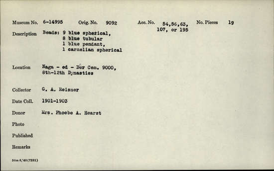 Documentation associated with Hearst Museum object titled Beads, accession number 6-14995, described as Beads: 9 blue spherical, 8 blue tubular, 1 blue pendant, 1 carnelian spherical. [inv.: 1 faience star, 7 faience ball beads, 7 faience cylinder beads, 1 carnelian ball bead, original object count: 19?]