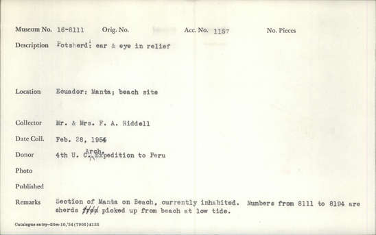 Documentation associated with Hearst Museum object titled Potsherd, accession number 16-8111, described as Potsherd: ear and eye in relied