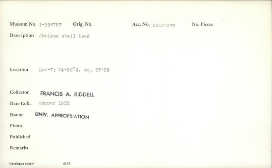 Documentation associated with Hearst Museum object titled Bead, accession number 1-196787, described as Abalone shell.