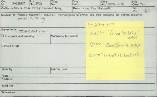 Documentation associated with Hearst Museum object titled Basket, accession number 1-234117, described as Money basket"; coiled.  Rectangles with brown and red designs on straw-colored ground.