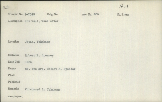 Documentation associated with Hearst Museum object titled Ink stone, accession number 9-2019a,b, described as Ink well; wood cover