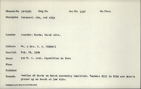 Documentation associated with Hearst Museum object titled Potsherd, accession number 16-8180, described as Potsherd: rim, red slip Section of Manta on beach currently inhabited. Numbers  8111 to 8194 are sherds picked up on beach at low tide.