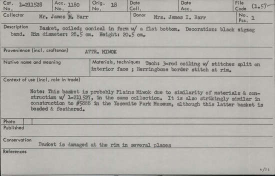 Documentation associated with Hearst Museum object titled Basket, accession number 1-211528, described as Coiled; conical in form with a flat bottom. Decoration: black zigzag band. Basket is damaged at the rim in several places. 3-rod coiling with stitches split on interior face; herringbone border stitch a rim.