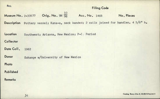 Documentation associated with Hearst Museum object titled Pottery, accession number 2-33577, described as Pottery vessel; Kana-a, neck banded; two coils joined for handles. 4 5/8 inches high.