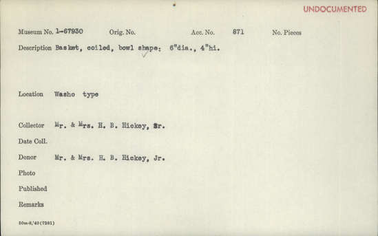 Documentation associated with Hearst Museum object titled Bowl basket, accession number 1-67930, described as Coiled, bowl shape.