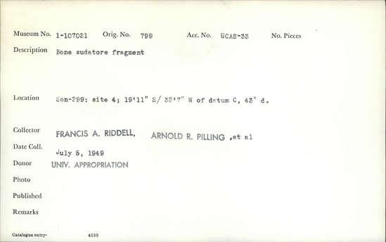 Documentation associated with Hearst Museum object titled Worked bone, accession number 1-107031, described as Bone sudatore fragment.