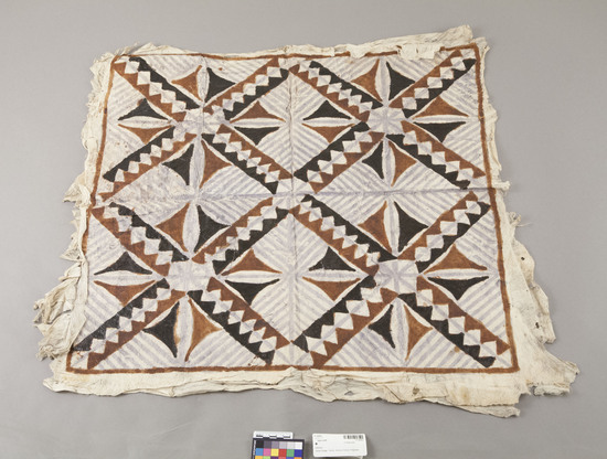 Hearst Museum object 2 of 2 titled Tapa cloth, accession number 11-39367, described as Tapa, fringed, black, brown and light blue pigments, design with field squared off and filled with triangle patterns; probably wrapper (’afu) or bedsheet (’afu loto)
