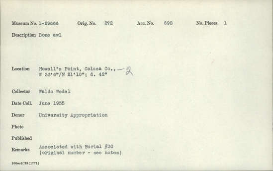 Documentation associated with Hearst Museum object titled Awl, accession number 1-29666, described as Bone.