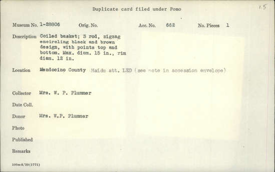 Documentation associated with Hearst Museum object titled Basket, accession number 1-28806, described as Coiled, 3 rod basket.  Zigzag encircling black and brown design, with points top and bottom.