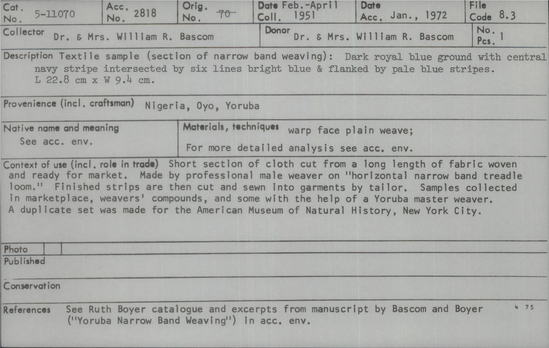 Documentation associated with Hearst Museum object titled Textile fragment, accession number 5-11070, described as Textile sample (section of narrow band weaving): dark royal blue ground with central navy stripe intersected by six lines bright blue and flanked by pale blue stripes.