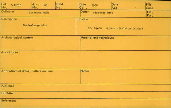 Documentation associated with Hearst Museum object titled Bead, accession number L-12616, described as Bead- large size