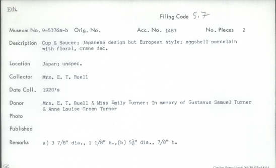 Documentation associated with Hearst Museum object titled Cup and saucer, accession number 9-5376a,b, described as cup and saucer;  Japanese design but European style;  eggshell porcelain with floral, crane dec.