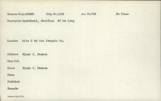 Documentation associated with Hearst Museum object titled Spearhead, accession number 1-55288, described as Obsidian spearhead.